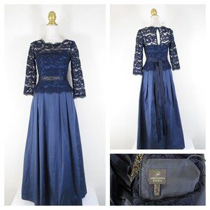 SOLDAdrianna Papell Navy Lace Jeweled Belted Formal Dress Gown 4